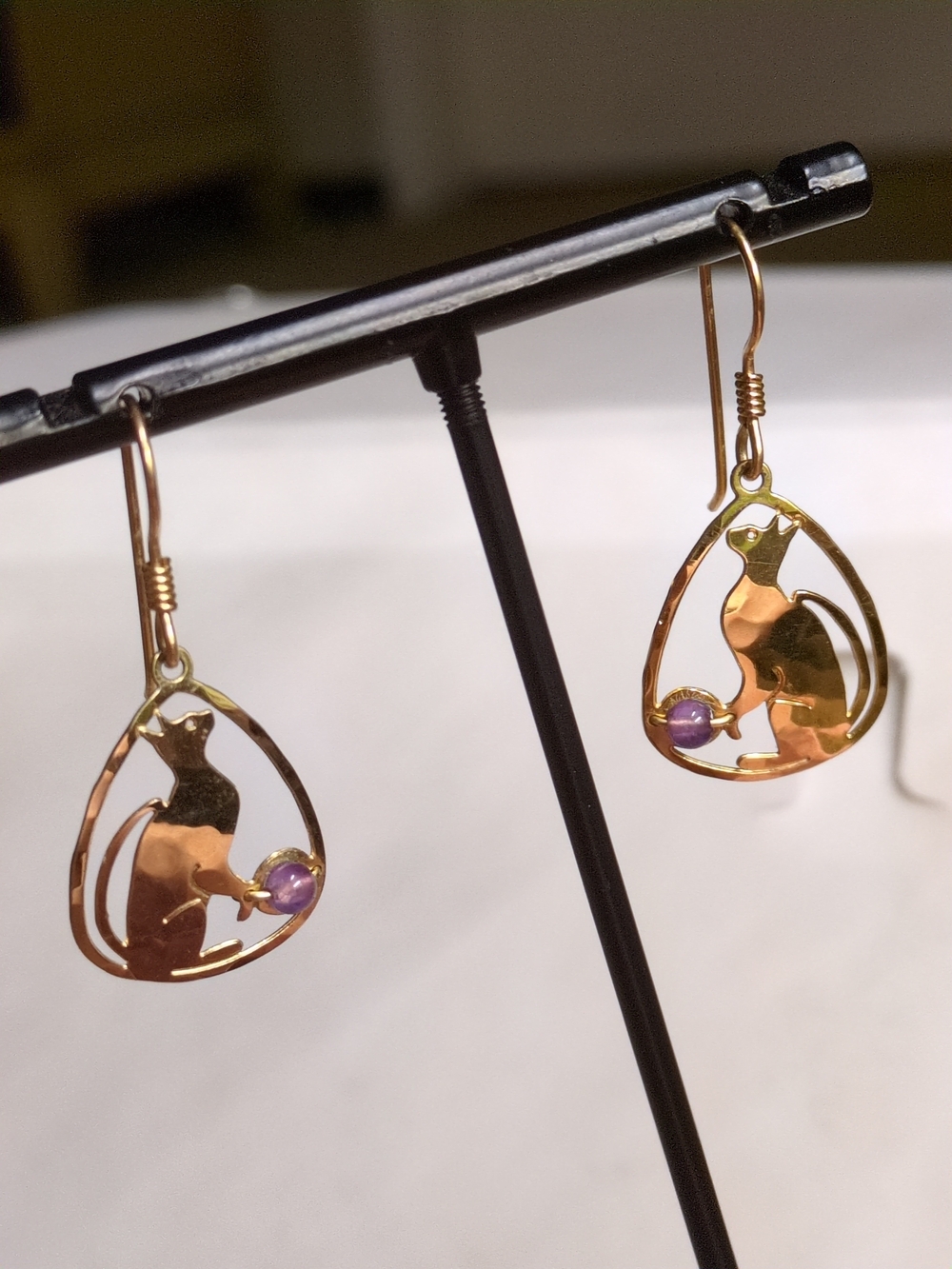 Gold Cat Drop Earrings with Purple Stone Accent